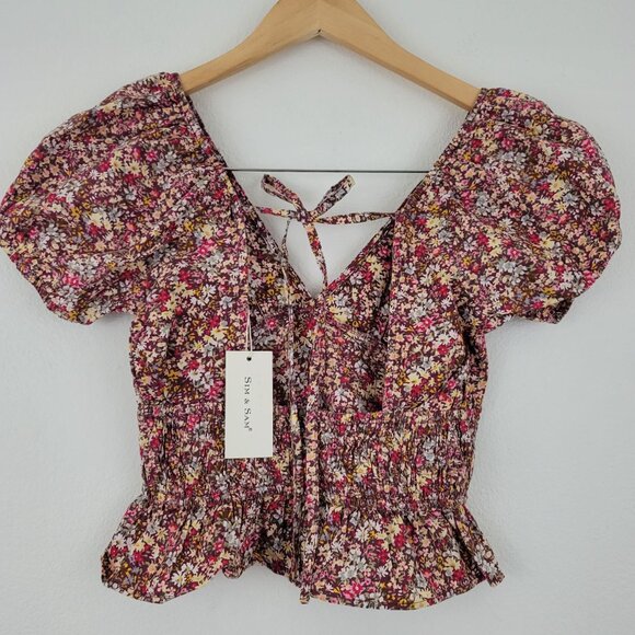 Sim & Sam Sz S Floral Daisy Short Puff Sleeve Crop Top Cotton Boho Cottagecore - Picture 6 of 10